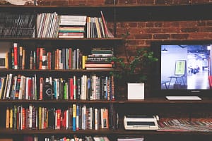 Bookshelves, desk and computer